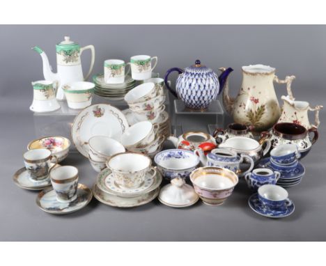 A Russian blue, white and gilt decorated teapot, a Noritake part coffee set, Limoges cups and saucers and other items 