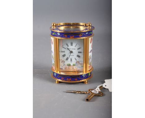 A late 20th century Elliot &amp; Son miniature carriage clock with cloisonne enamel borders, side panels decorated with cheru