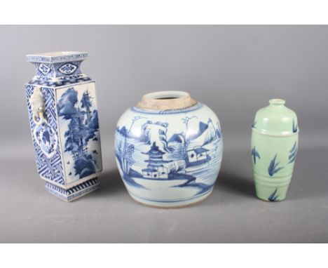 A Chinese pale green glazed baluster vase, 7 3/4" high, a Chinese blue and white rhombus shaped vase with landscape and mythi