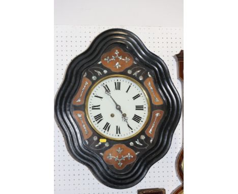 A French ebonised and mother-of-pearl inlaid boudoir clock with white enamel dial and Roman numerals, 24" high 