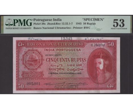 Banco Nacional Ultramarino, Portuguese India, printers archival specimen 50 Rupias, 29 November 1945, serial number range 005