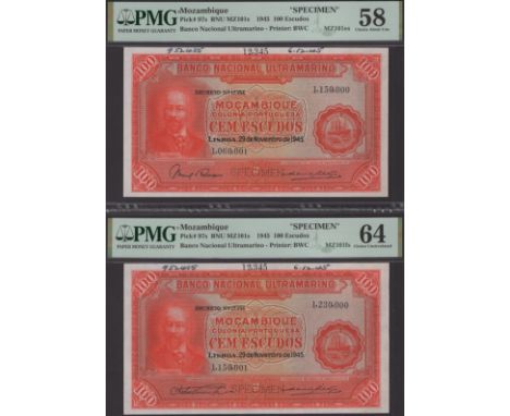 Banco Nacional Ultramarino, Mozambique, printers archival specimen 100 Escudos (2), 29 November 1945, serial number ranges 1,