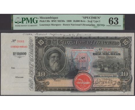 Banco Nacional Ultramarino, Mozambique, printers archival specimen 10 Mil Reis, 1 March 1909, serial number range 70001 to 77