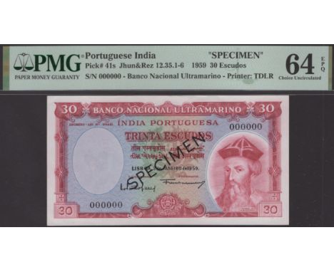 Banco Nacional Ultramarino, Portuguese India, specimen 30 Escudos, 2 January 1959, serial number 000000, Antonio Julio de Cas