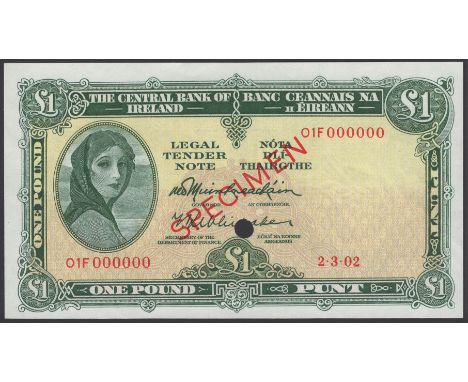 Central Bank of Ireland, specimen £1, 2 April 1902 (fictitious date), serial number 01F 000000, Muimhneachain and Whitaker si
