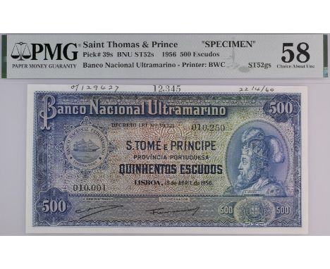 Banco Nacional Ultramarino, St Thomas & Prince, printers archival specimen 500 Escudos (2), 18 April 1956, serial number rang