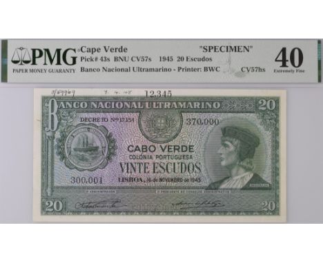 Banco Nacional Ultramarino, Cape Verde, a complete run of printers archival specimens for the second order of 20 Escudos (7),