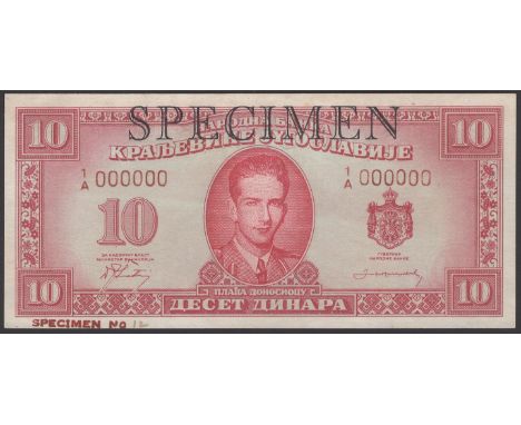 National Bank of Yugoslavia, specimen 10 Dinara, ND (1943), serial number 1/A 000000, black SPECIMEN overprint, specimen numb