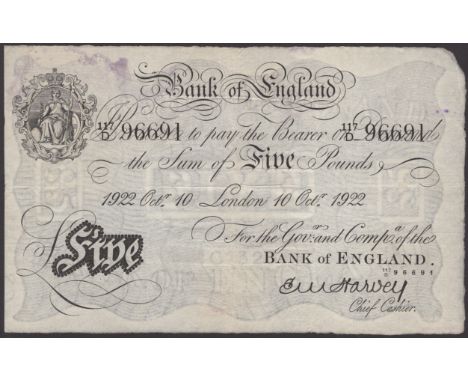Bank of England, Ernest M. Harvey, £5, London, 10 October 1922, serial number 117/D 96691, some light purple staining, very f