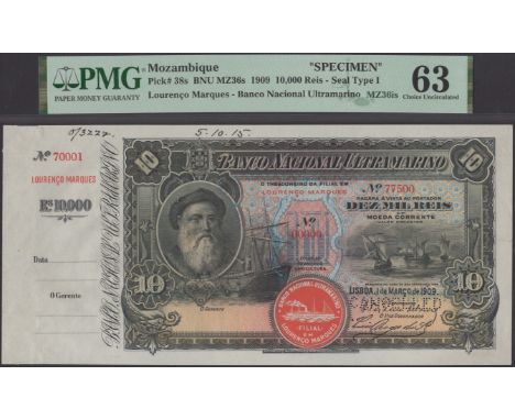 Banco Nacional Ultramarino, Mozambique, printers archival specimen 10 Mil Reis, 1 March 1909, serial number range 70001 to 77