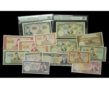 State Bank of Pakistan, an interesting group comprising 10 rupees, ND (1951), prefix MF, 50 Rupees, 1964, prefixes C, AG, 100