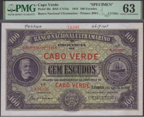 Banco Nacional Ultramarino, Cape Verde, printers archival specimen 100 Escudos, 1 August 1941, serial number range A35,001 to
