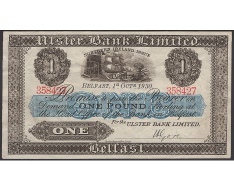 Ulster Bank Limited, £1, 1 October 1930, serial number 358427, manuscript Gore signature, one cross in crayon on reverse, cle