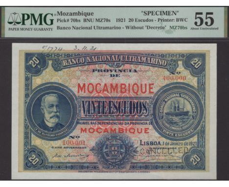 Banco Nacional Ultramarino, Mozambique, printers archival specimen 20 Escudos, 1 January 1921, serial number range 100,001 to