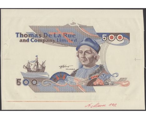 Thomas De La Rue and Company Limited, a die proof for an advertising note for 500, blue, brown and orange print, Christopher 