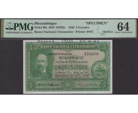 Banco Nacional Ultramarino, Mozambique, printers archival specimen 5 Escudos, 15 April 1943, serial number range 320,001 to 4