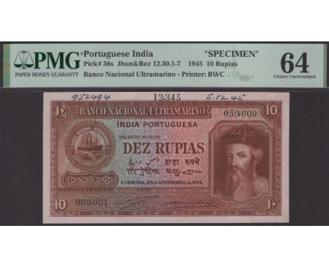 Banco Nacional Ultramarino, Portuguese India, printers archival specimen 10 Rupias, 29 November 1945, serial number range 000