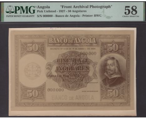 Banco de Angola, obverse and reverse photographs showing initial designs for 50 Angolares, 1 May 1927, serial number 000,000,