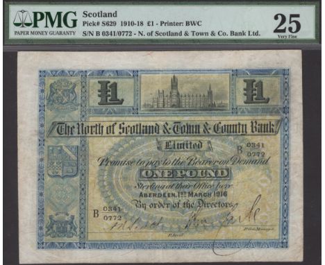 North of Scotland & Town & County Bank Limited, £1, 1 March 1916, serial number B0341/0772, two manuscript signatures, in PMG