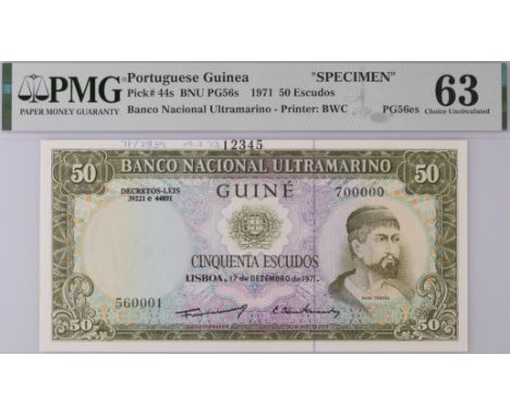 Banco Nacional Ultramarino, Portuguese Guinea, printers archival specimen 50 Escudos (2), 17 December 1971, serial number ran