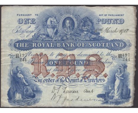 Royal Bank of Scotland, £1, 10 March 1917, serial number U 497/244, Lunan and one other manuscript signature, fresh, clean an