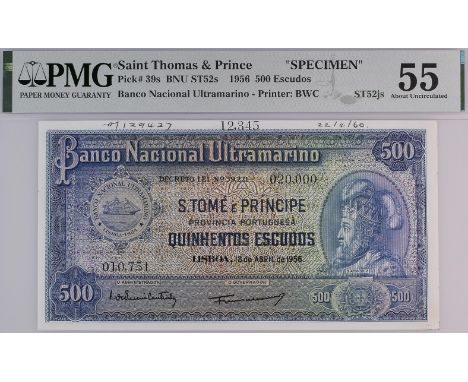Banco Nacional Ultramarino, St Thomas & Prince, printers archival specimen 500 Escudos, 18 April 1956, serial number range 01