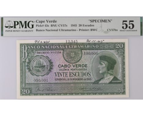 Banco Nacional Ultramarino, Cape Verde, printers archival specimen 20 Escudos, 16 November 1945, serial number range 050,001 