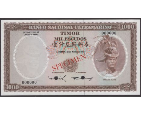 Banco Nacional Ultramarino, Timor, colour trial 1000 Escudos, 24 October 1967, serial number 000000, brown print, red SPECIME