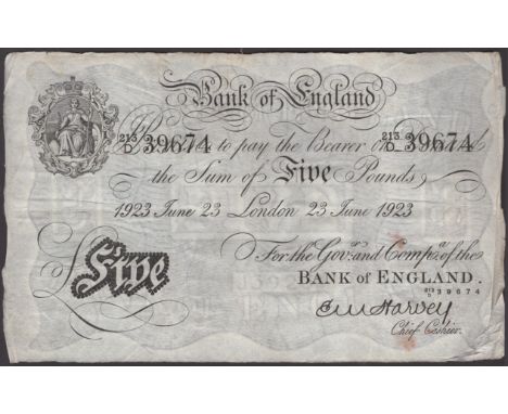 Bank of England, Ernest M. Harvey, £5, London, 23 June 1923, serial number 213/D 39674, some light staining, original very fi