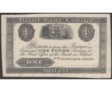 Ulster Bank Limited, proof for £1, ND (1929-1934), black print on thicker paper, decorative borders, denominations flanking t