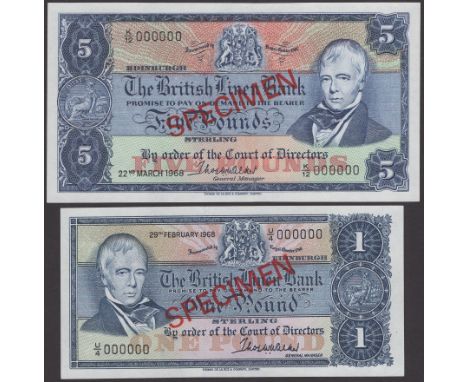 British Linen Bank, specimen £1 and £5, 29 February 1968, serial numbers U/4 000000 and K/12 000000, Walker signatures, red S