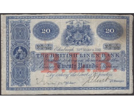British Linen Bank, £20, 31 March 1911, serial number B/3 2/262, two manuscript signatures, fresh and original paper, good fi