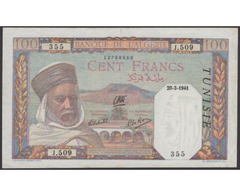Banque de l‘Algerie, Tunisia, 100 Francs, 20 March 1941, serial number J.509 355, three folds, light handling, original good 