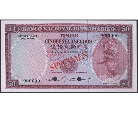 Banco Nacional Ultramarino, Timor, colour trial 50 Escudos, 24 October 1967, serial number 000000, mauve print, red SPECIMEN 