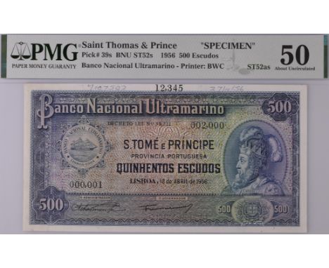 Banco Nacional Ultramarino, St Thomas & Prince, printers archival specimen 500 Escudos, 18 April 1956, serial number range 00