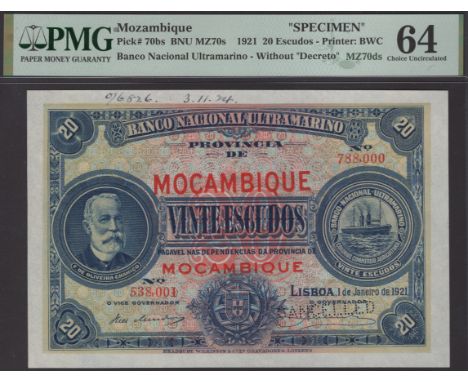 Banco Nacional Ultramarino, Mozambique, printers archival specimen 20 Escudos, 1 January 1921, serial number range to 538,001