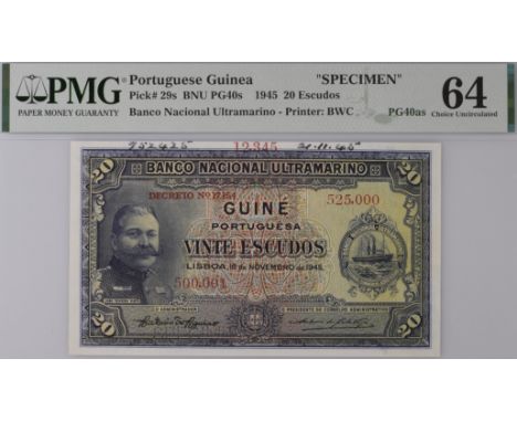 Banco Nacional Ultramarino, Portuguese Guinea, printers archival specimen 20 Escudos, 17 November 1945, serial number range 5