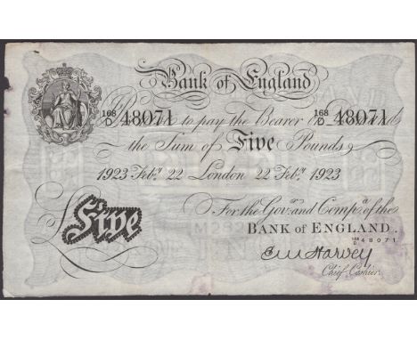 Bank of England, Ernest M. Harvey, £5, London, 22 February 1923, serial number 168/D 48071, minor damage to top left margin, 