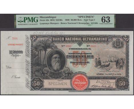Banco Nacional Ultramarino, Mozambique, printers archival specimen 50 Mil Reis, 1 March 1909, serial number range 7501 to 900
