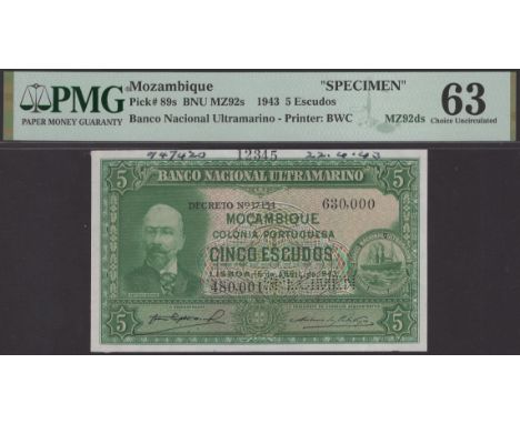 Banco Nacional Ultramarino, Mozambique, printers archival specimen 5 Escudos, 15 April 1943, serial number range 480,001 to 6