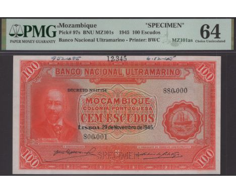 Banco Nacional Ultramarino, Mozambique, printers archival specimen 100 Escudos, 29 November 1945, serial number range 800,001