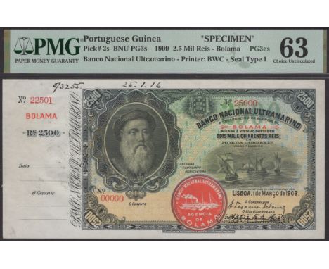 Banco Nacional Ultramarino, Portuguese Guinea, printers archival specimen 2500 Reis, 1 March 1909, serial number range 22501 