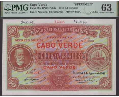 Banco Nacional Ultramarino, Cape Verde, printers archival specimen 50 Escudos, 1 August 1941, serial number range A80,001 to 