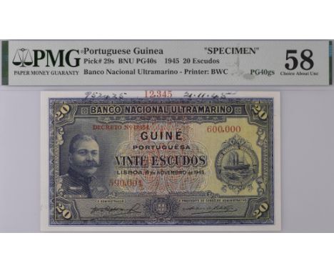 Banco Nacional Ultramarino, Portuguese Guinea, printers archival specimen 20 Escudos, 17 November 1945, serial number range 5
