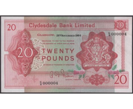 Clydesdale Bank Limited, £20, 19 November 1964, serial number C/A 000004, Fairbairn signature, light handling, original about