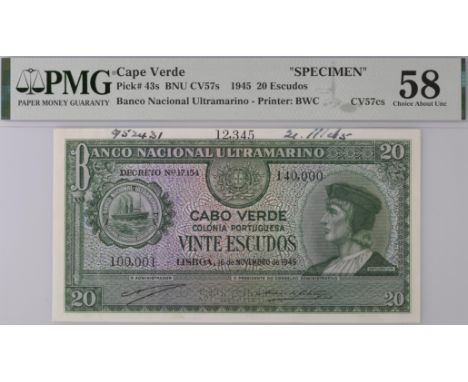 Banco Nacional Ultramarino, Cape Verde, printers archival specimen 20 Escudos, 16 November 1945, serial number range 100,001 