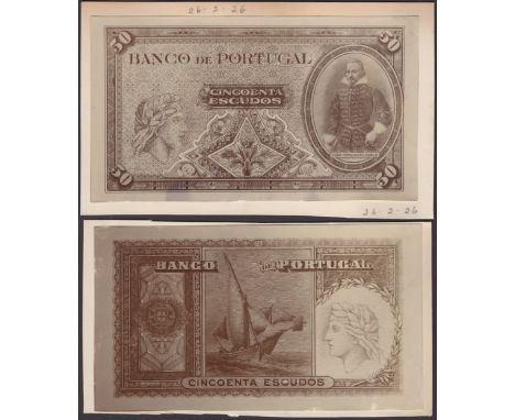 Banco de Portugal, obverse and reverse photographs showing an unused Bradbury Wilkinson design for 50 Escudos, c.1925-26, wit