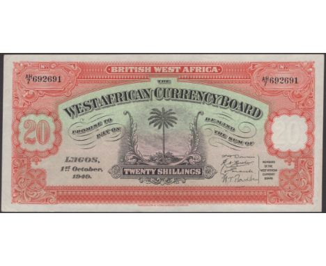 West African Currency Board, 20 Shillings, 1 October 1949, serial number AH/7 692691, lovely original paper, light central fo