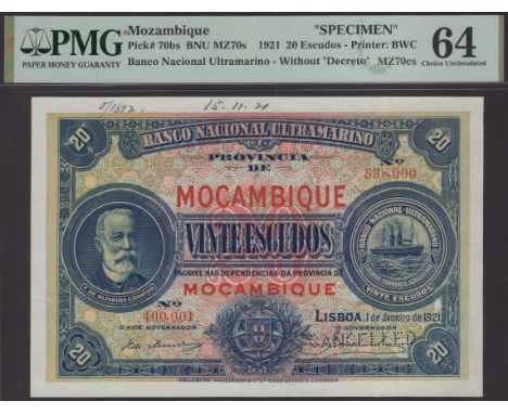 Banco Nacional Ultramarino, Mozambique, printers archival specimen 20 Escudos, 1 January 1921, serial number range to 400,001