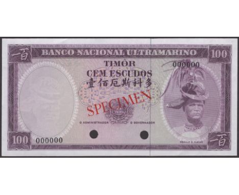 Banco Nacional Ultramarino, Timor, colour trial 100 Escudos, ND (1963), serial number 000000, purple print, red SPECIMEN over